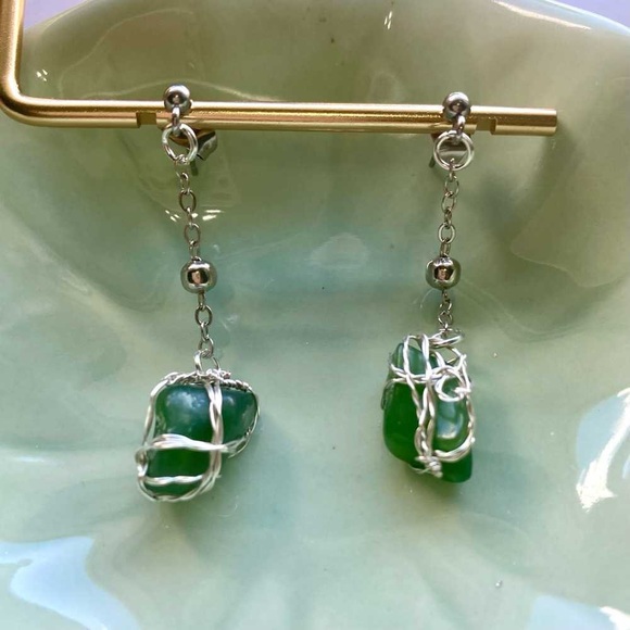 Jewelry - Silver and Green Wire Wrapped Earrings